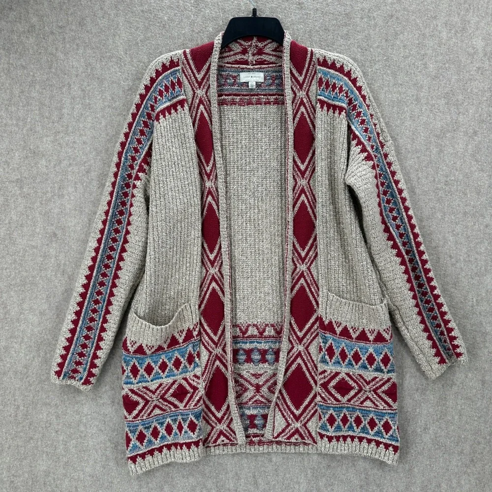 Lucky Brand Aztec Cardigan SMALL Beige Red Southwestern Geometric Open Front S/P